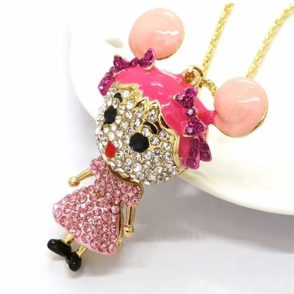 Adorable Pink Bling Cartoon Girl Crystal Pendant Necklace NWOT - Picture 3 of 4